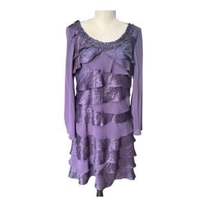 S.L. Fashions Purple Tiered Ruffle Dress Beaded Neckline Long Sleeve Party 10